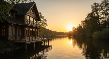 Fototapeta premium Wooden lakeside cabin at dawn with sun rising over calm water and trees