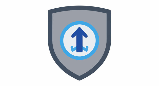 A blue arrow splits into two directions inside a circular emblem on a shield