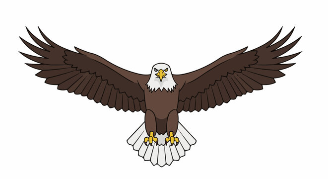 A cartoon-style bald eagle with outstretched wings in flight, looking forward