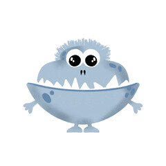 Cute blue monster character, funny creature with big eyes, digital illustration