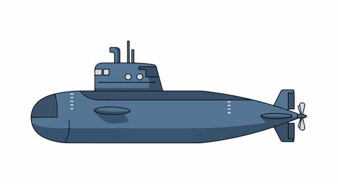 A blue cartoon submarine with a propeller, fins, and a command tower with windows