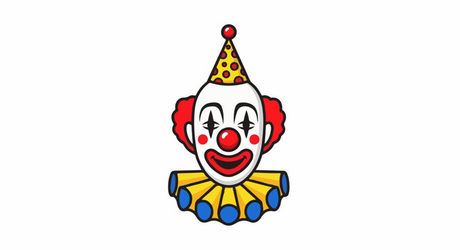 A cartoon clown face with a polka-dot hat and ruffled collar