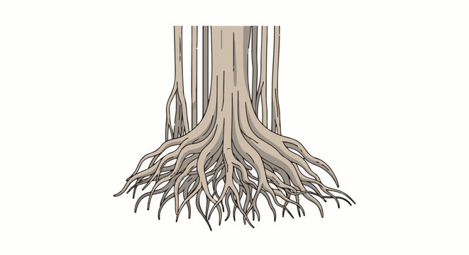 Tangled, exposed root system of a tree with aerial roots