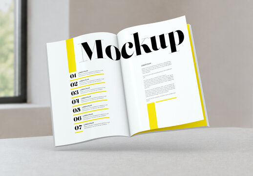 Floating Open Magazine Mockup in Minimal Interior Scene