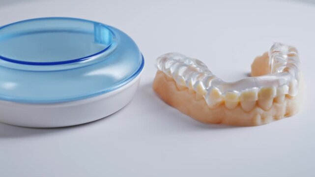Dental care and orthodontics concept. Mouth guard for bruxism. High quality 4k footage