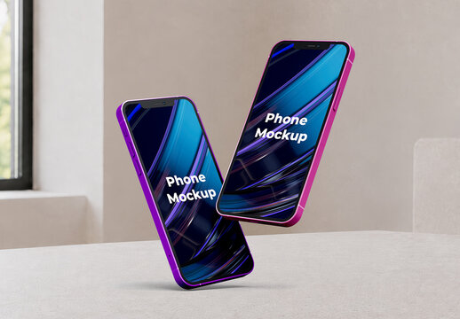 Floating Smartphone Mockup Duo in Minimal Interior Scene