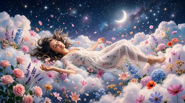 A woman sleeping peacefully on clouds surrounded by flowers under the moon