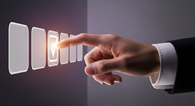 Man in suit pressing illuminated checkmark button on digital interface hand finger