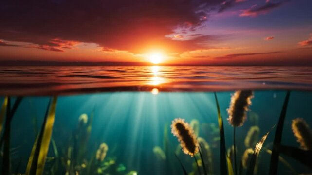 Stunning split view of a sunset over the water with underwater plants, sunbeams illuminating the scene