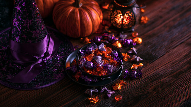 Pumpkin Witch Hat and Candy on Wooden Table, Halloween Lifestyle Flat Lay