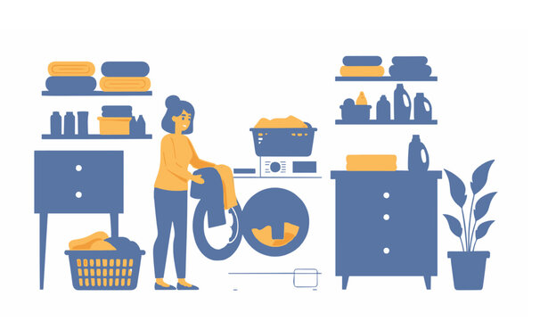 Woman Doing Laundry with Washing Machine and Laundry Room Furniture Vector Illustration