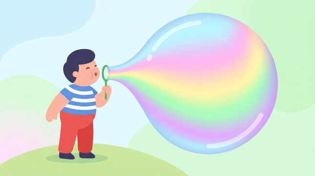 Little boy blowing a giant rainbow soap bubble. Vector illustration concept of childhood dreams, imagination, play, or an economic market bubble.