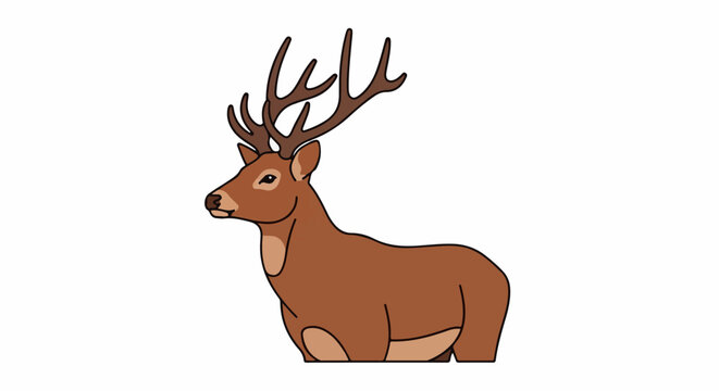 A brown cartoon deer with large antlers and brown eyes looks left