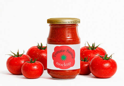 Tomato Sauce Glass Jar Mockup with Fresh Tomatoes