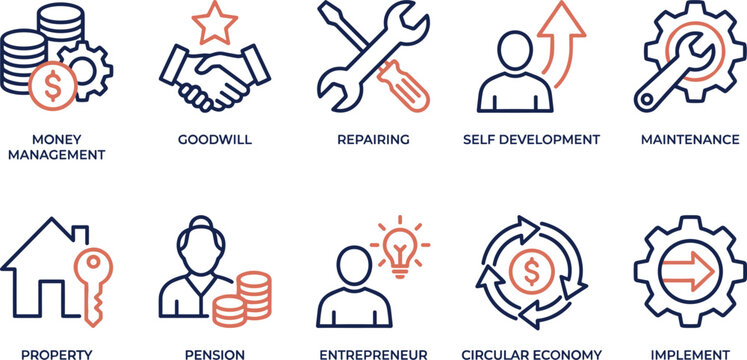 Business and finance icons for money management goodwill repairing self development maintenance.