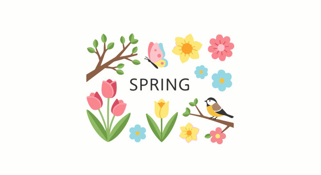 A colorful illustration of spring with flowers, a bird, a butterfly, and branches
