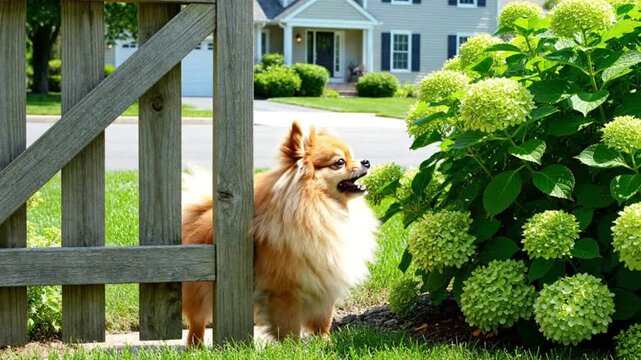 Cute Pomeranian dog guarding the house, barking playfully through wooden fence on a sunny summer day