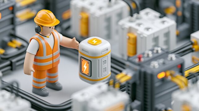 Isometric 3D illustration of a worker icon guiding a portable power pod into an energy grid with sharp focus on the pod and blurred background of battery modules and cables