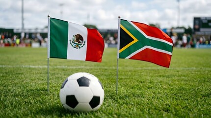 Naklejka premium Mexican and south african flags with soccer ball on green field