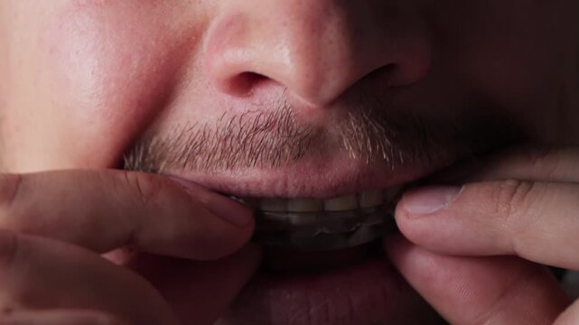 Man putting on a mouthguard, close-up. Dental trainer for adults for bruxism treatment. High quality 4k footage