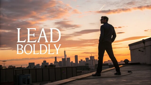 Man Standing on Rooftop at Sunset Pondering Leadership with City Skyline in Background, Inspirational Message about Bold Leadership