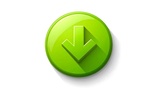 Glossy Green Download Arrow Icon Centered on Light Gray Background