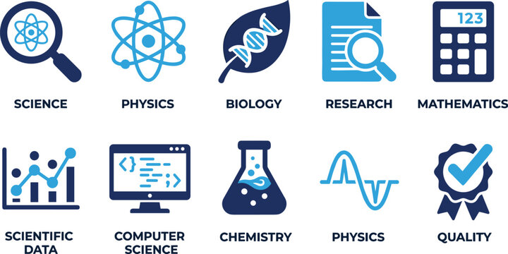 Chemistry and physics education icon set showing computer science research biology mathematics and data info.
