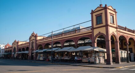 Naklejka premium A large, ornate marketplace with awnings, arches, and a vibrant yellow and maroon color scheme