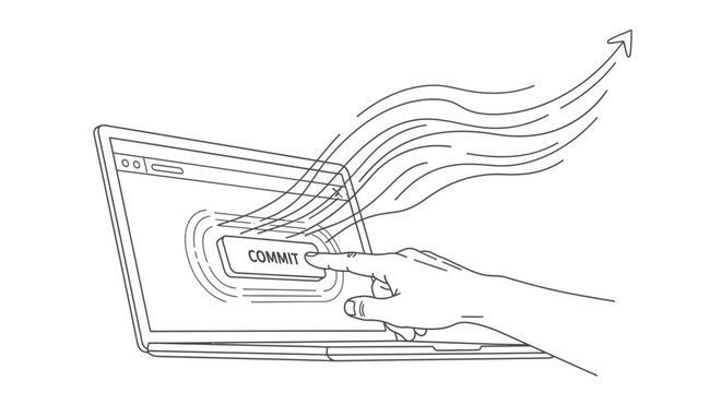 Hand clicking commit button on laptop screen with upward arrow