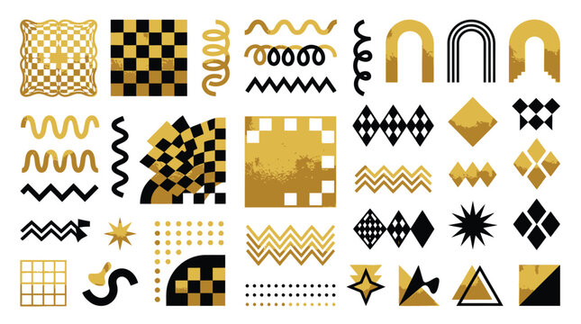 Geometric abstract shapes collection featuring gold foil texture and black minimalist patterns on white background