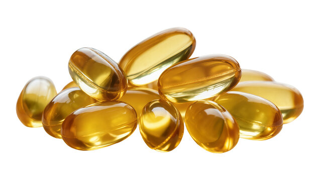 Pile of translucent golden oval softgel capsules