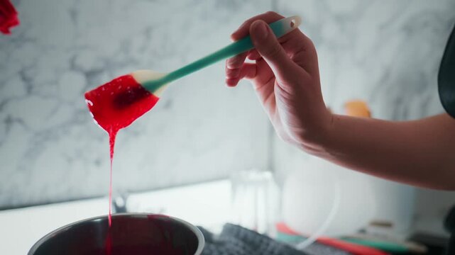 Person stirs vibrant red liquid in a metal bowl. Hand holds green spoon carefully. Kitchen setting with marble wall in background. Focus on mixing process, calm and precise. Ideal for cooking, baking