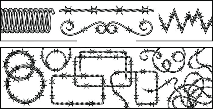 Vector collection of barbed wire illustrations featuring linear strands, decorative swirls, zigzag patterns, and framed security designs