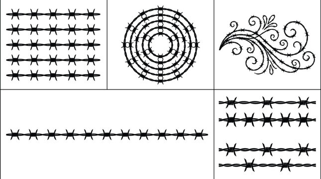 Vector set of barbed wire illustrations featuring grid patterns, concentric circles, decorative swirls, and parallel strand designs