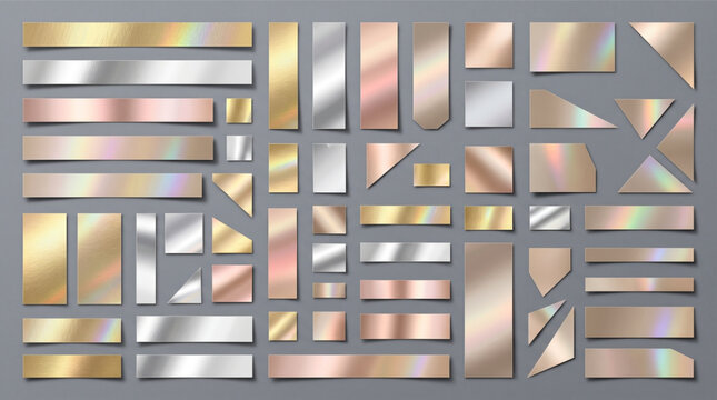Set of metallic and holographic foil paper strips and geometric shapes. Realistic gold silver and rose gold adhesive stickers and tape for design.