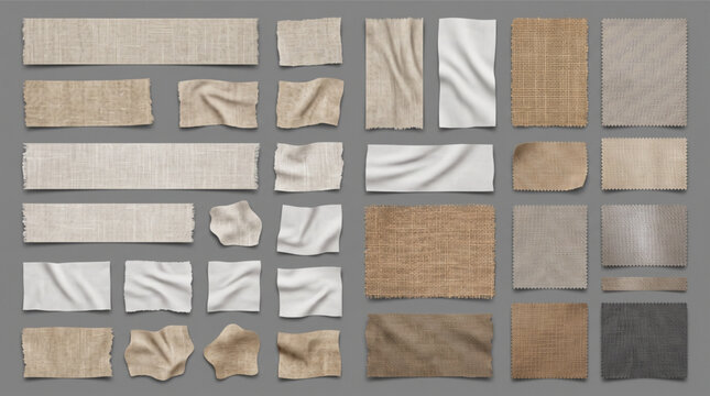 Set of fabric scraps and linen patches with frayed edges. Realistic textile strips, burlap, canvas, and cotton textures for design mockups.