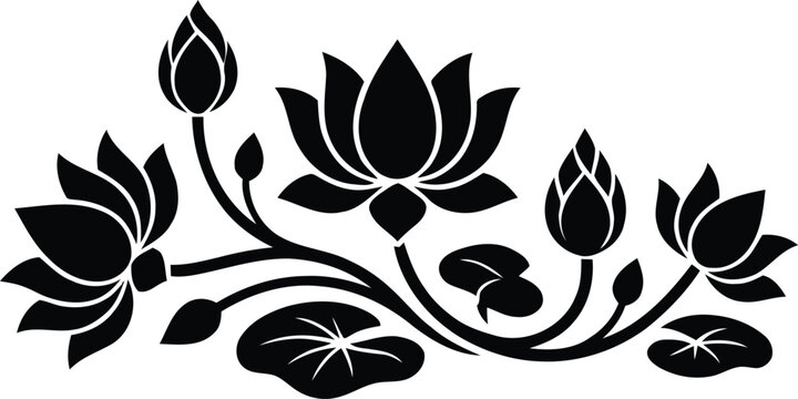 An artistic black and white stencil structure drawing featuring sophisticated blooming lotus flower plants.