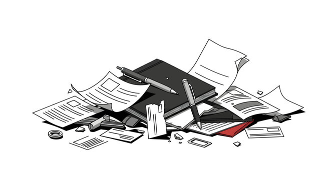 A cluttered pile of office documents, papers, pens, and a notebook, representing paperwork and organization.