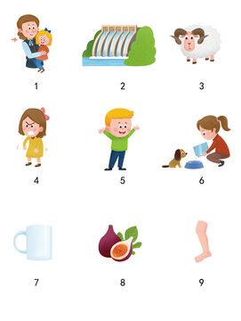 Numbered 3x3 Preschool Vocabulary Cartoon Grid for English Learning
