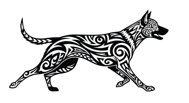 dog with tribal patterns line art black