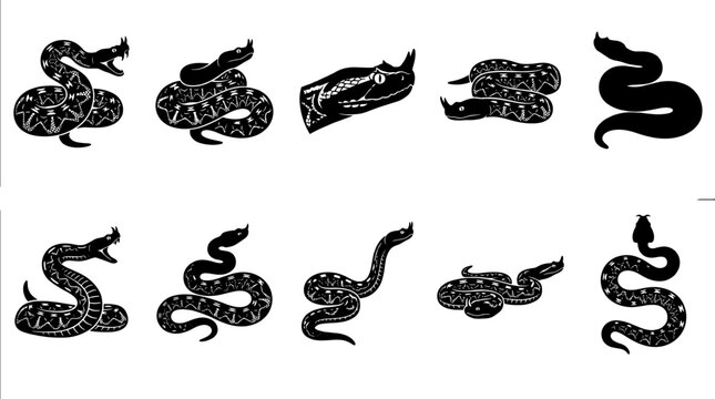 Graphic bundle of horned viper snake silhouettes coiling and striking in profile