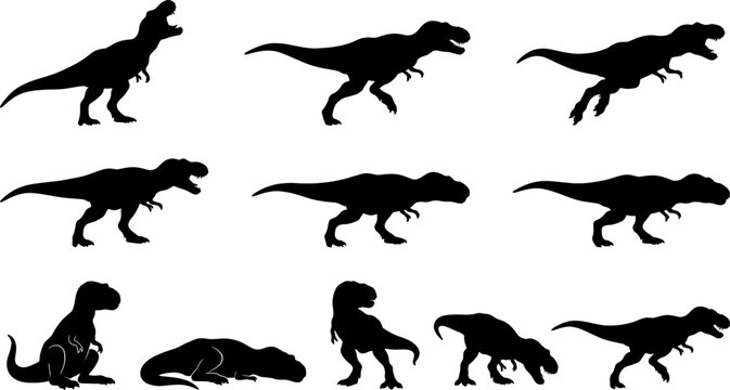 Group of tyrannosaurus rex silhouettes roaring and running in a dinosaur set