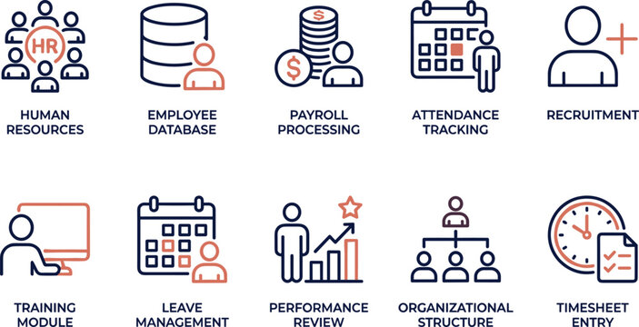 Human resources and payroll processing line icon set, editable stroke vector isolated on transparent.