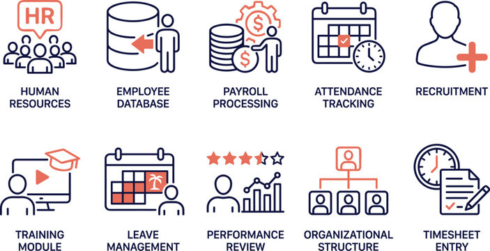Human resources and payroll processing line icon set, editable stroke vector isolated on transparent.