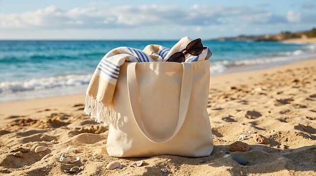 Canvas Beach Bag with Towel and Sunglasses on Sunny Shore