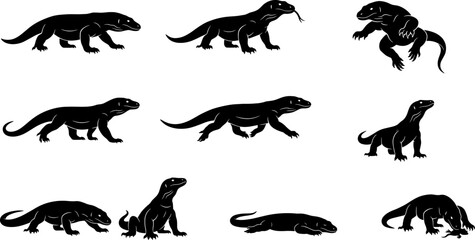 Obraz premium Monitor lizard komodo dragon silhouette variety set for use in nature documentaries and educational graphics