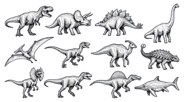 Collection of Hand-Drawn Dinosaurs and Prehistoric Creatures