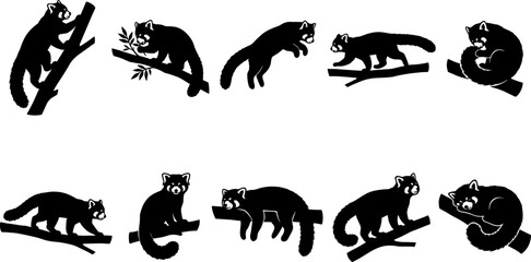 Naklejka premium Red panda animal silhouette collection showing climbing and resting behaviors in nature bundle