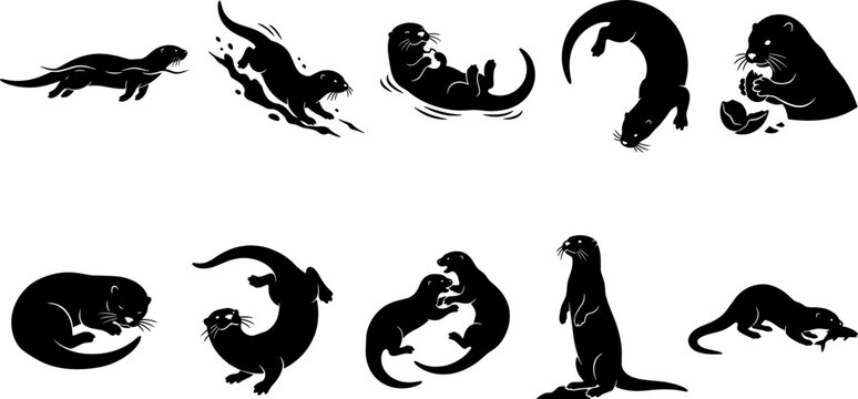 River otter aquatic mammal silhouette set displaying swimming and playing behaviors in water pack