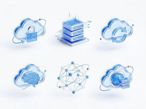 Six isometric 3d icons representing cloud computing server security artificial intelligence networking and global data storage rendered in a bright glossy blue style on white background